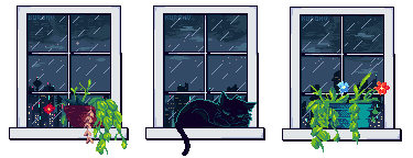 3 windows with rain outside. A cat sleeps on the central window and plants rest on the other two.