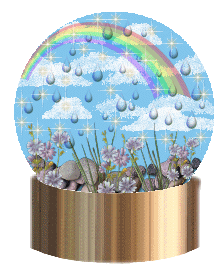 bright snowglobe in which it is raining. There is a rainbow and flowers.