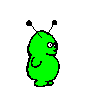 a little green guy with antennae hopping around