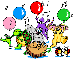 cartoon animals dancing with balloons