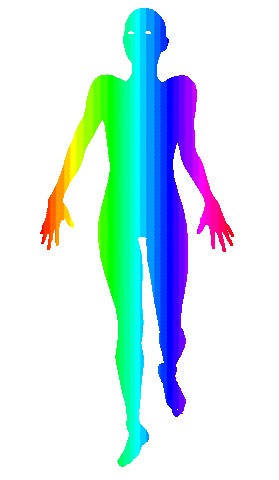 animated rainbow silhouette of a person stiffly walking towards you